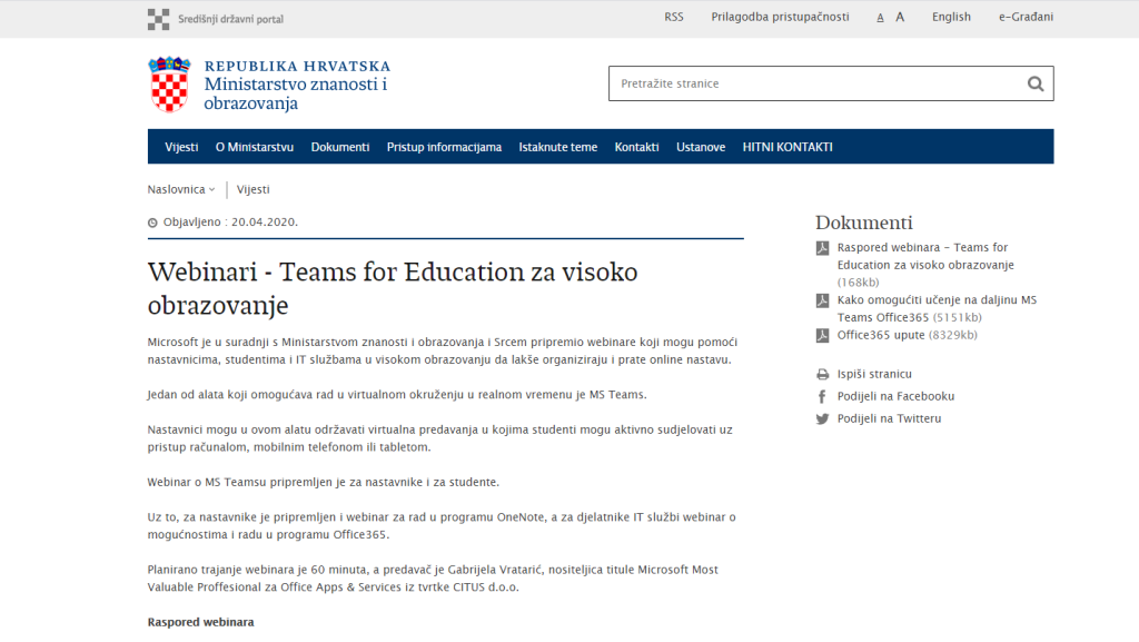 OBAVIJEST - Microsoft Teams for Education - WEBINARI - pregled snimki